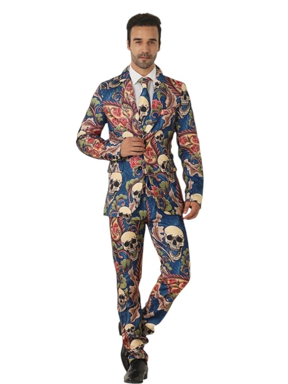 Halloween Bold Blue Floral & Skull Print Men's Suit Jacket, Pants and Tie Sz M